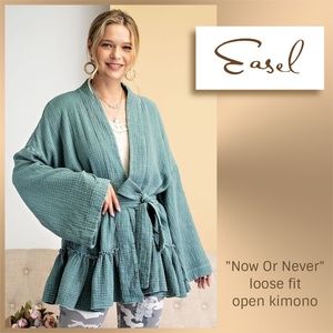 Easel "Now Or Never” Lightweight Mineral Washed Ruffled Sweater Kimono Tie Belt